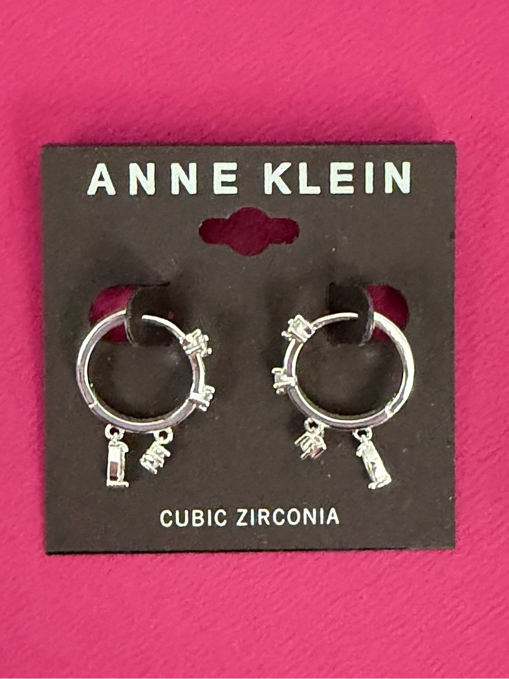 Anne Klein Silver Hoop Earrings with Cubic Zirconia Charms. NWT